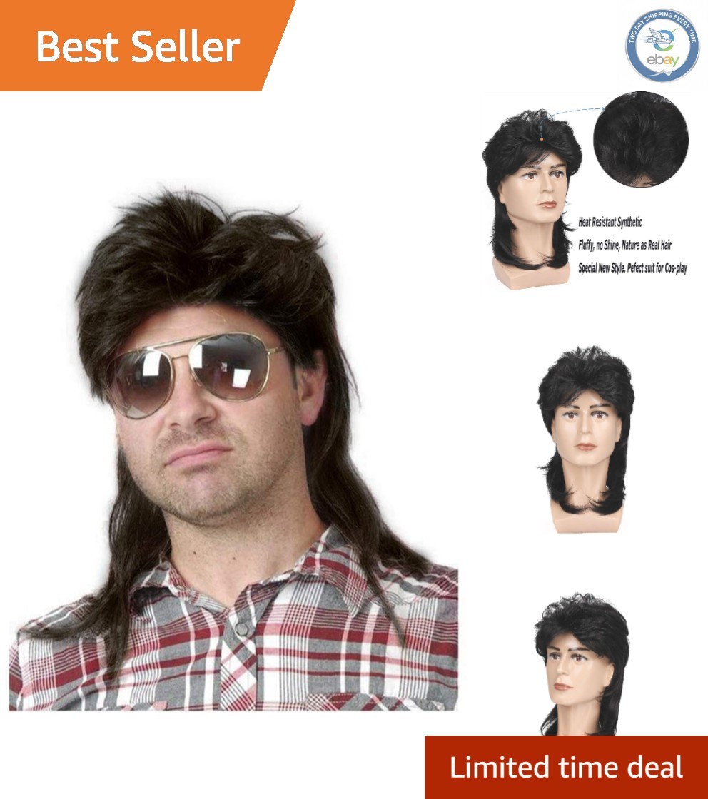 Adjustable Black Mullet Wig Cap – 70s Disco and 80s Rock Style for All Ages