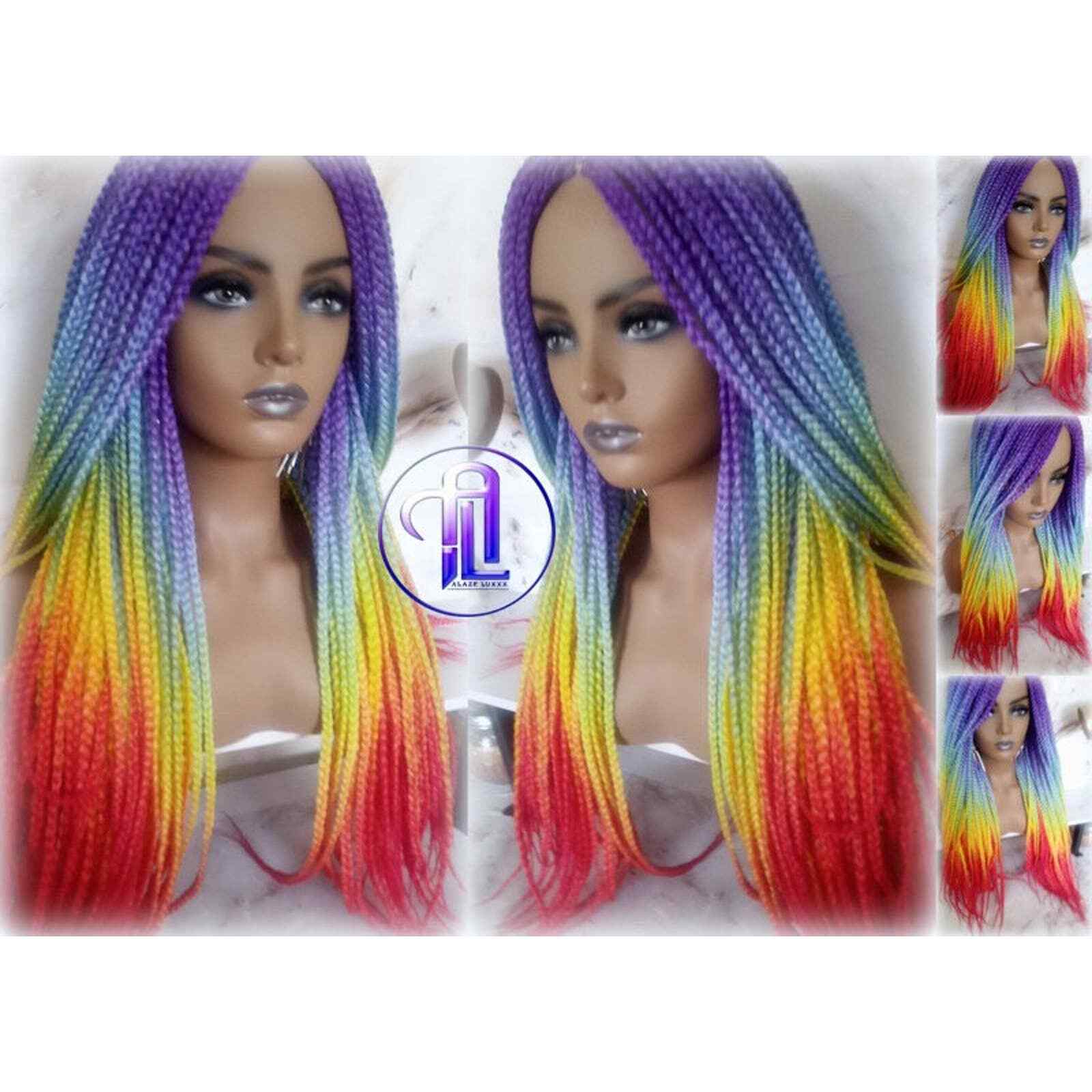 Rainbow Mermaid Purple Blue Yellow Orange Wig Box Braids hair Lace Part Pride