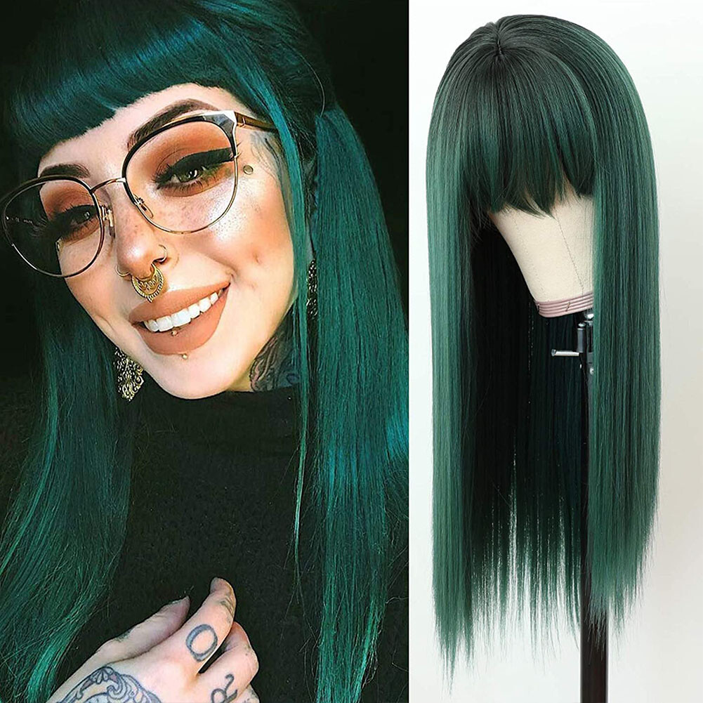 Ombre Green Wigs Full Neat Bangs Long Straight Women Synthetic Fiber Hair Party