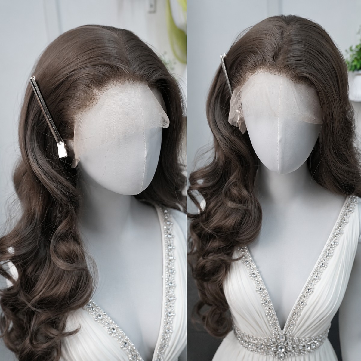 Brown Long Wavy Frontal Lace Wigs Women Synthetic Hair Heat Resistant