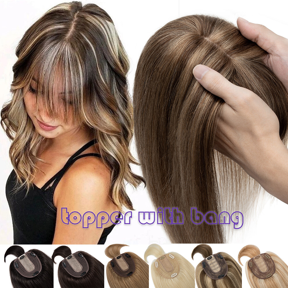 Seamless Topper Toupee Clip In Remy Human Hair Top Silk Base with Bang Women Wig