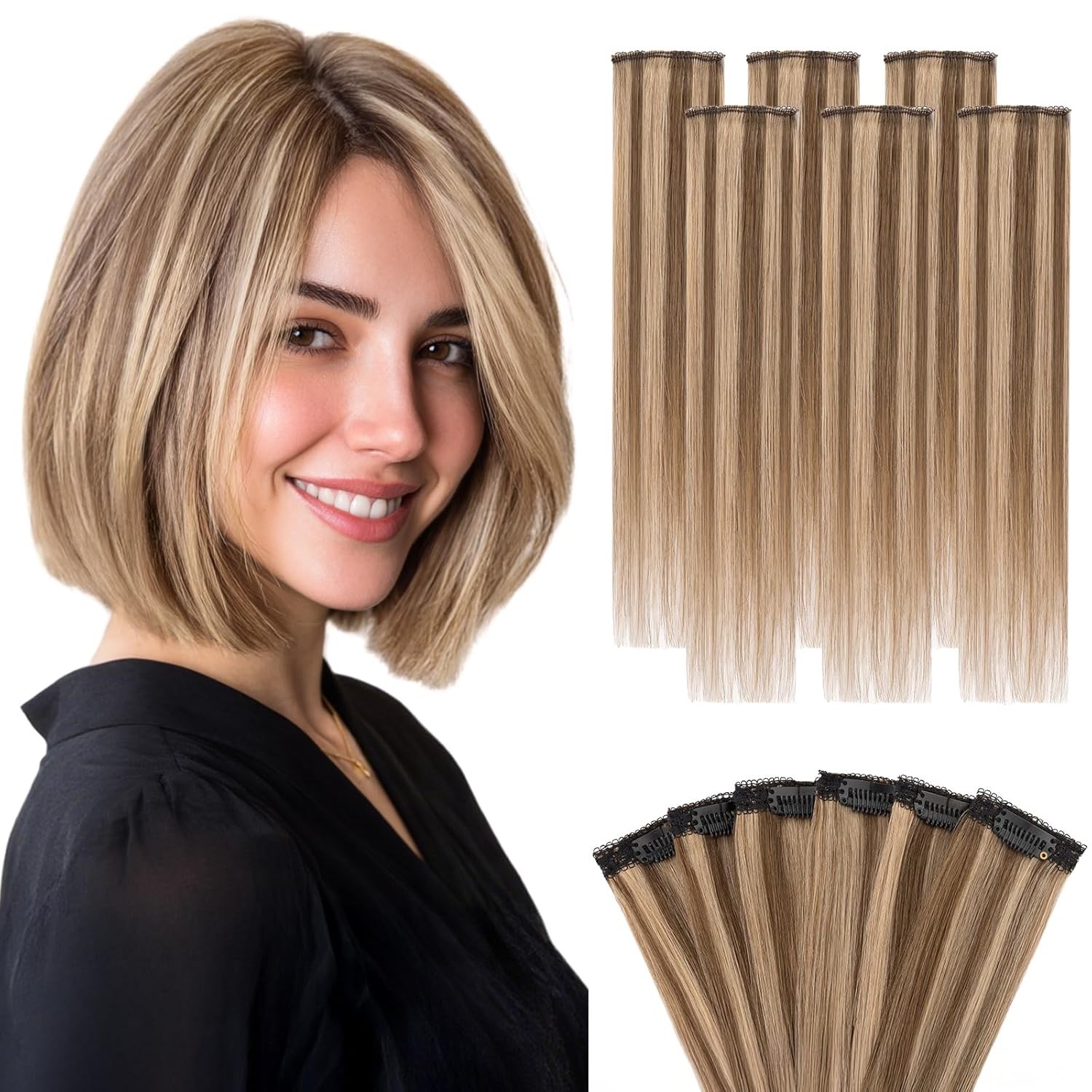 New Real Human Hair 6 Piece Clip Ins Extensions 33g 12″ #4P27 Brown & Blonde