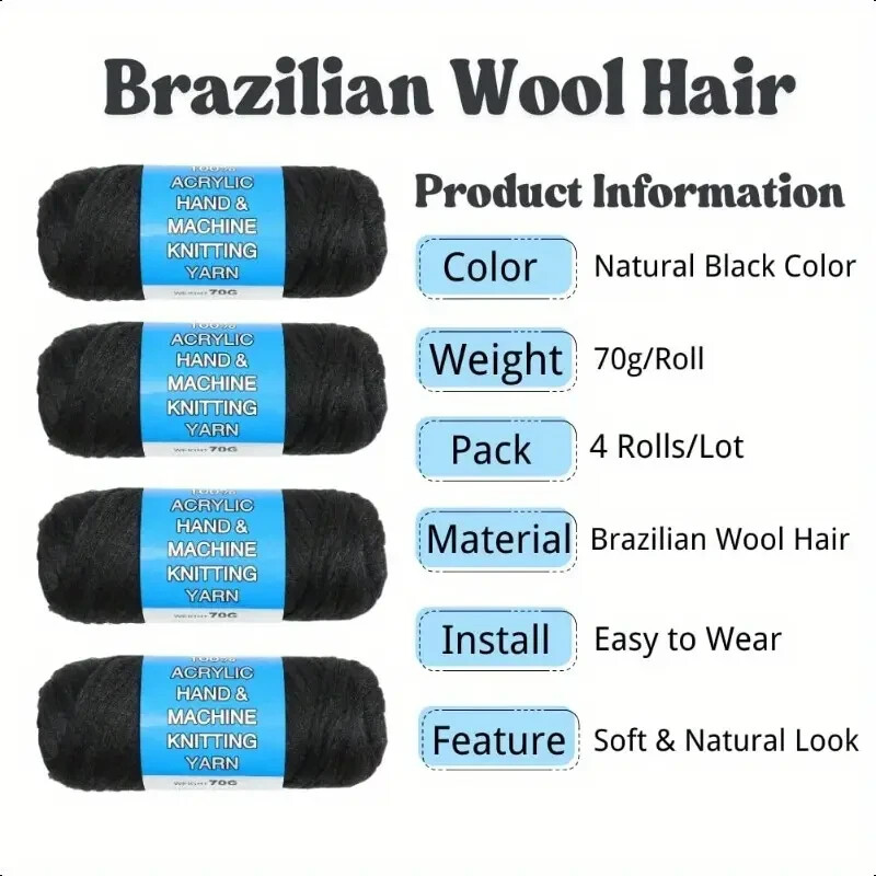4 Rolls Brazil Brazilian Wool Hair Yarn for Braiding and Weaving.