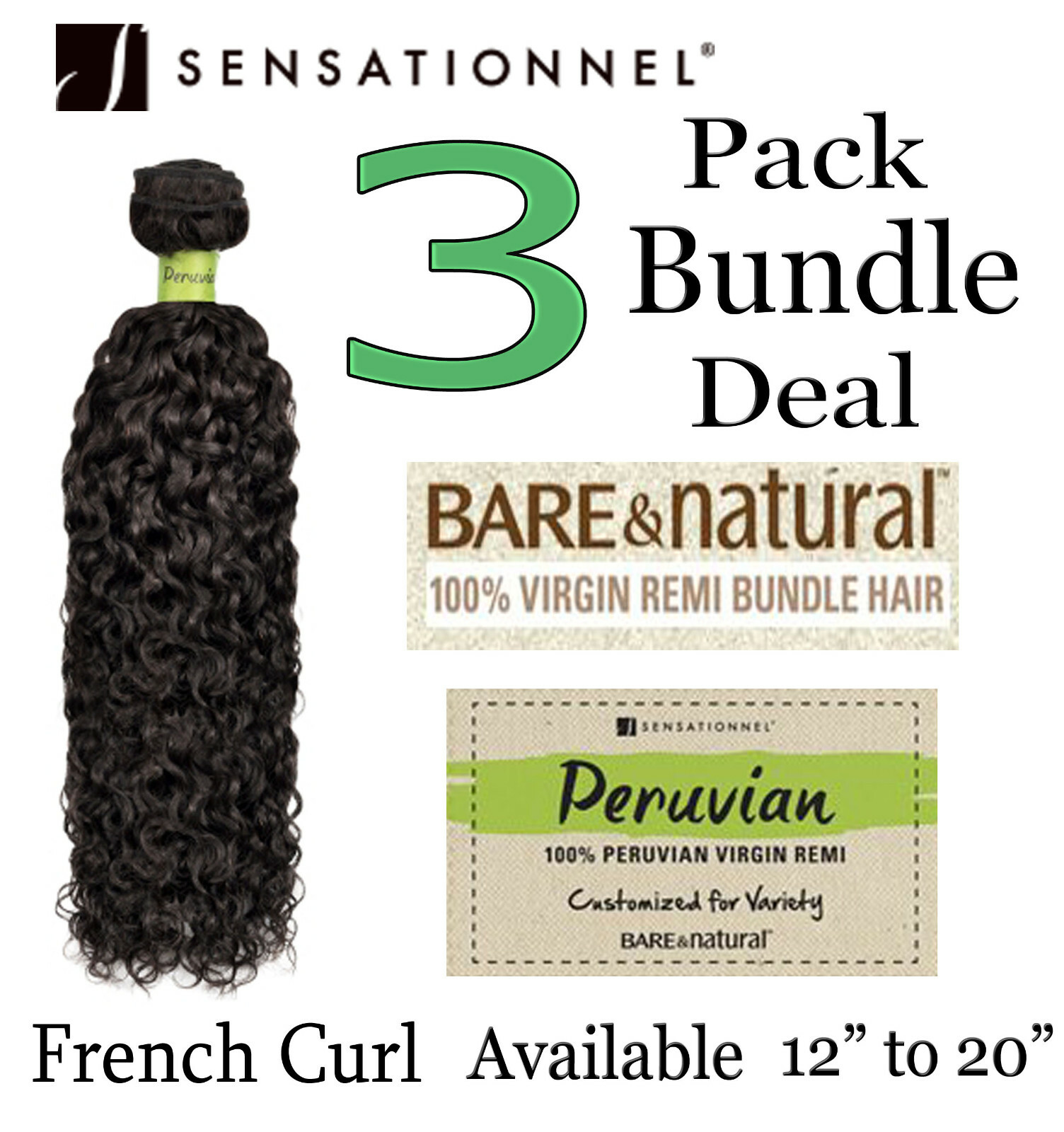 Sensationnel Bare & Natural Peruvian Virgin Remi FRENCH CURL 3 Pack Bundle