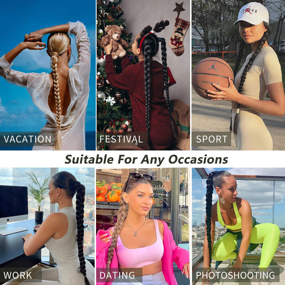 34″ Long Braided Ponytail Extensions Real As Human Hair Straight Hair Pony tail