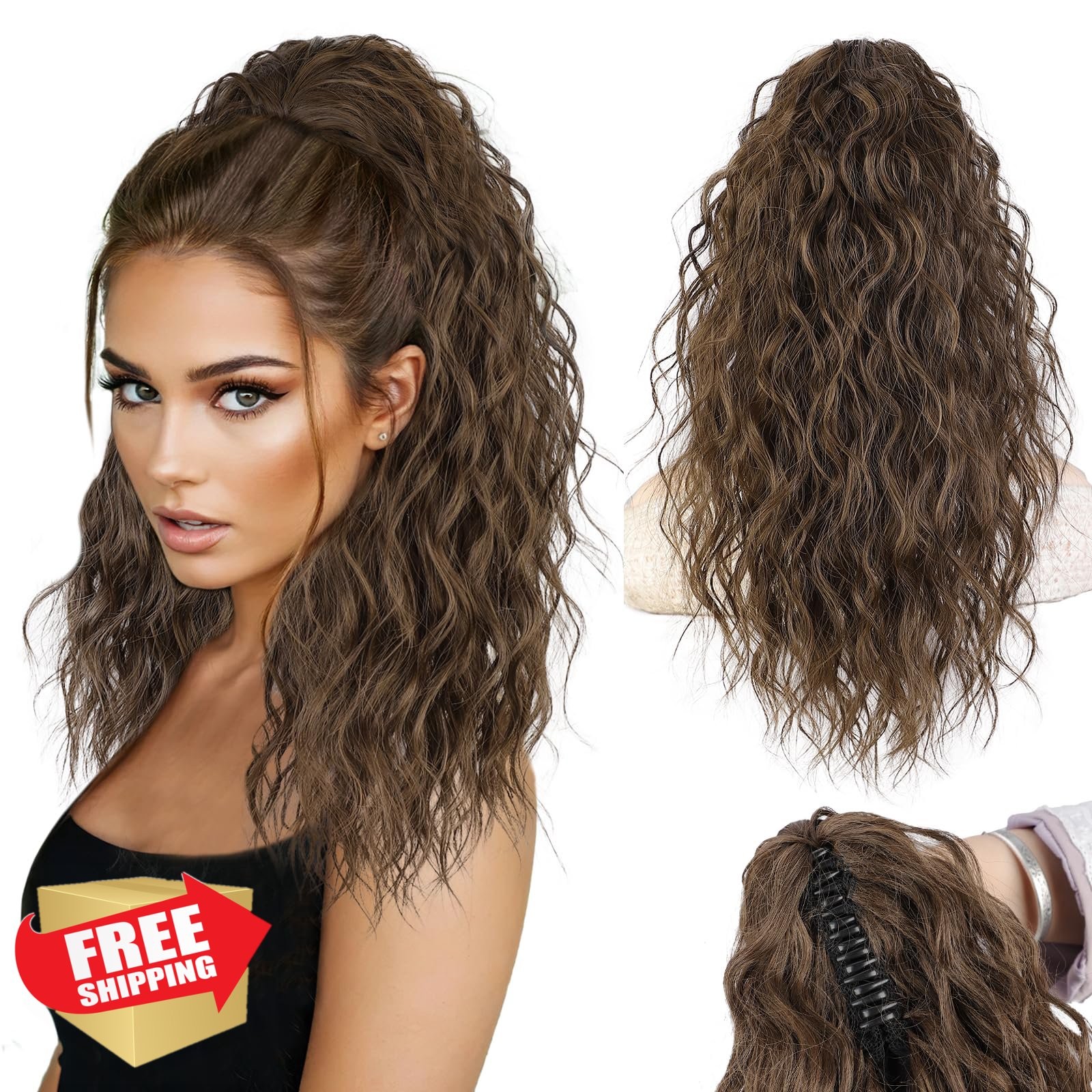 Stamped Glorious Ponytail Extension 18″ Curly Wavy Claw Clip Medium Brown