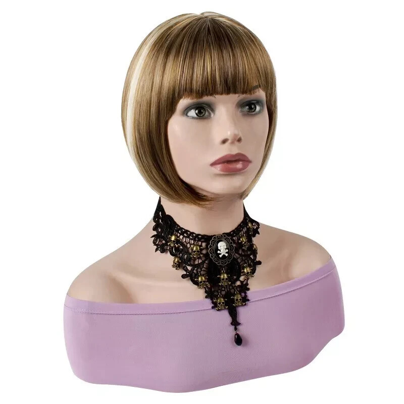 Women’s Gold Blonde Mixed Brown Highlights Short Bob Straight Wig Synthetic Hair