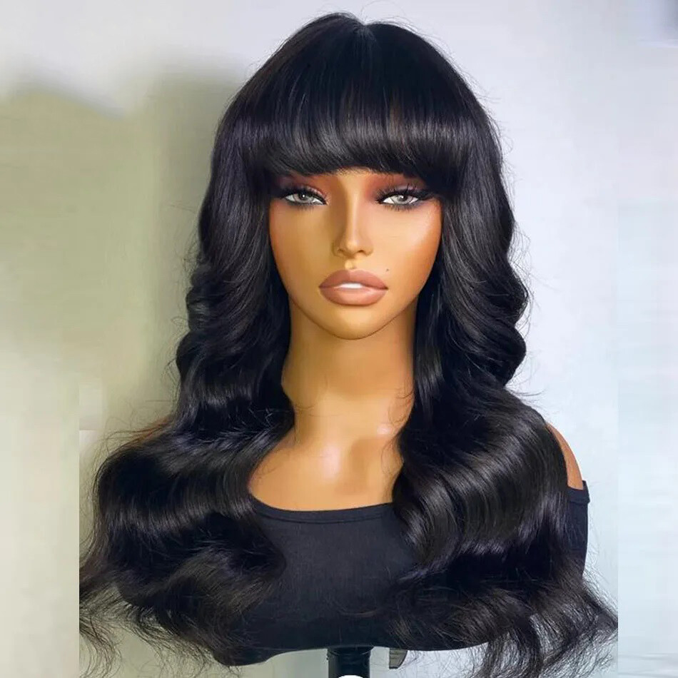 Natural Wavy Full Machine Made O Scalp Top Wig With Bangs Brazilian Human Hair