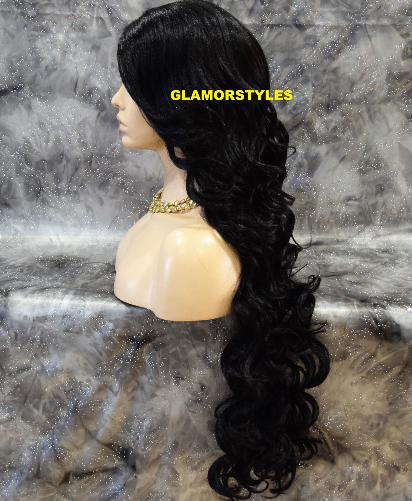 LACE FRONT FULL WIG EXTRA LONG WAVY LAYERED SIDE PART JET BLACK #1 HEAT OK NWT