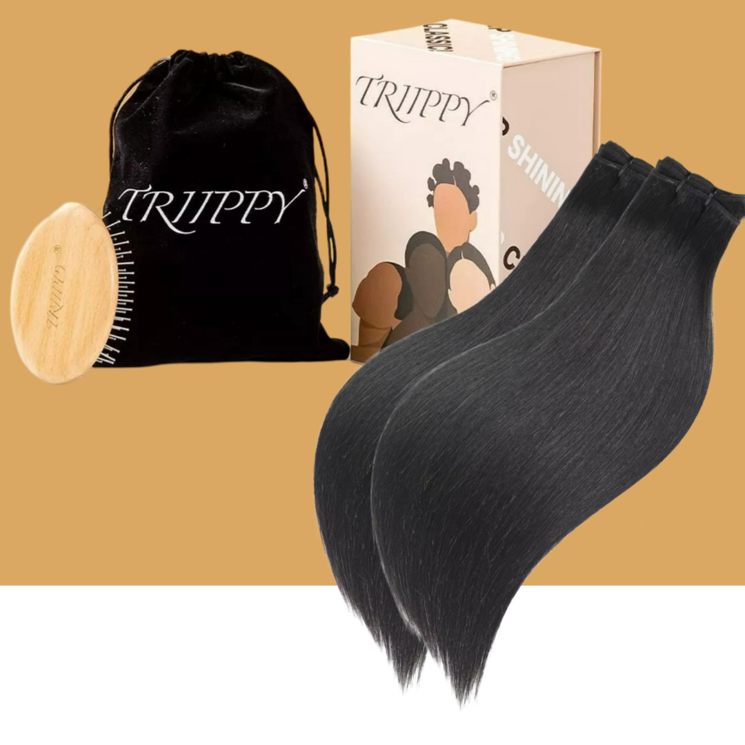 TRIIPPY Raw Human Hair 2 Bundles 16inch 16inch Cambodian Straight w/ Hair Brush