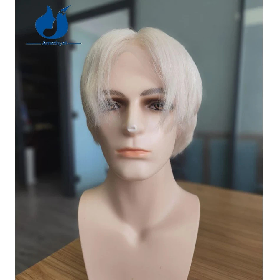 Pre Styled White Platinum Blonde Male Wig Human Hair Short Cut Full Lace Wig #60