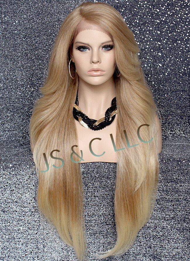 38″ Long Human Hair Blend Full Lace Front Wig Heat OK Blonde mix WEPC 27/613