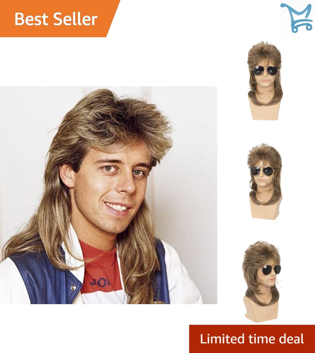 Mens Mullet Wig Synthetic Light Brown 70s 80s Halloween Cosplay Costume