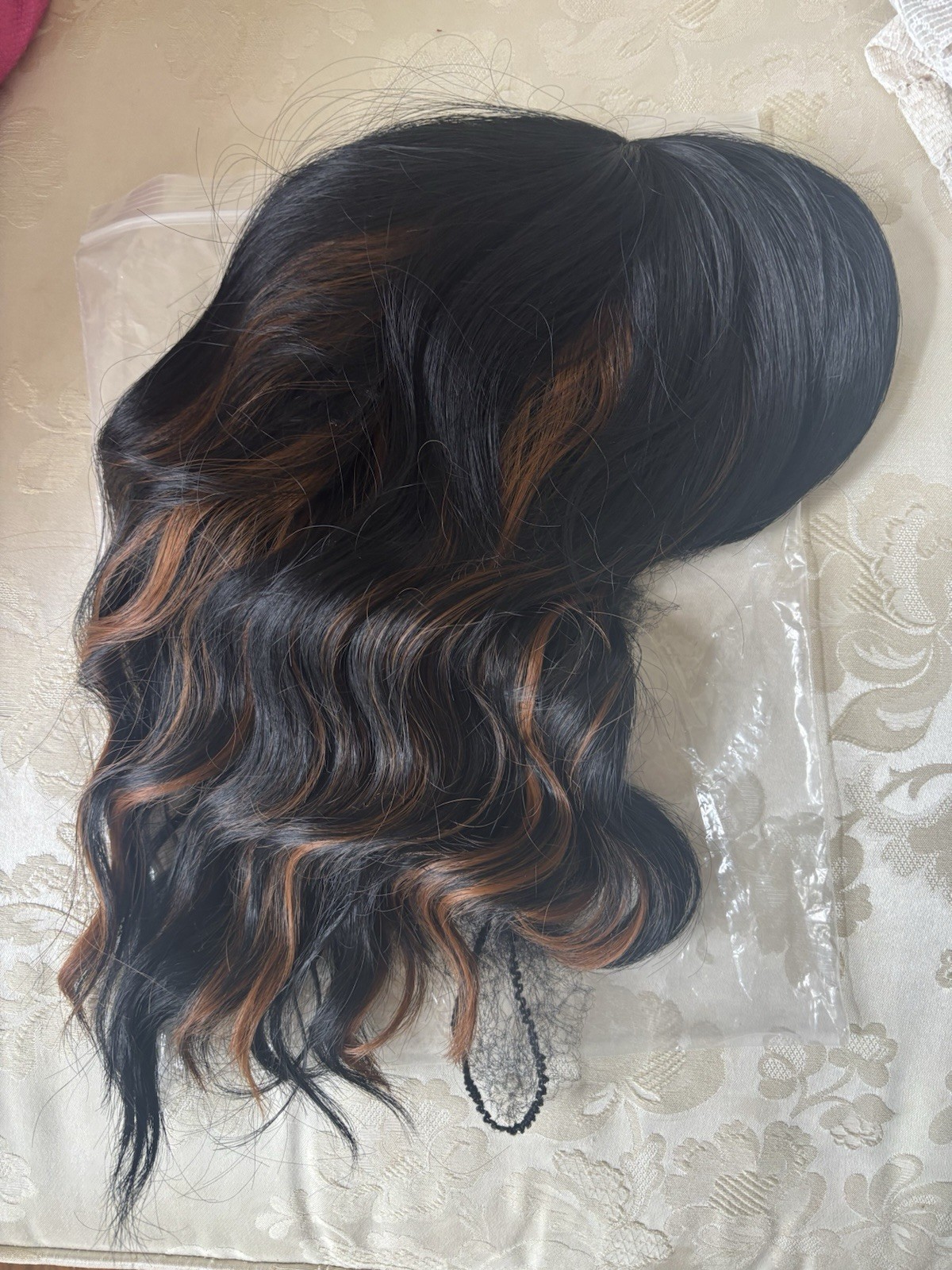 NWOT Human Hair Wavy Wig Black W/Brown Highlights SOFT Lace Front 15”