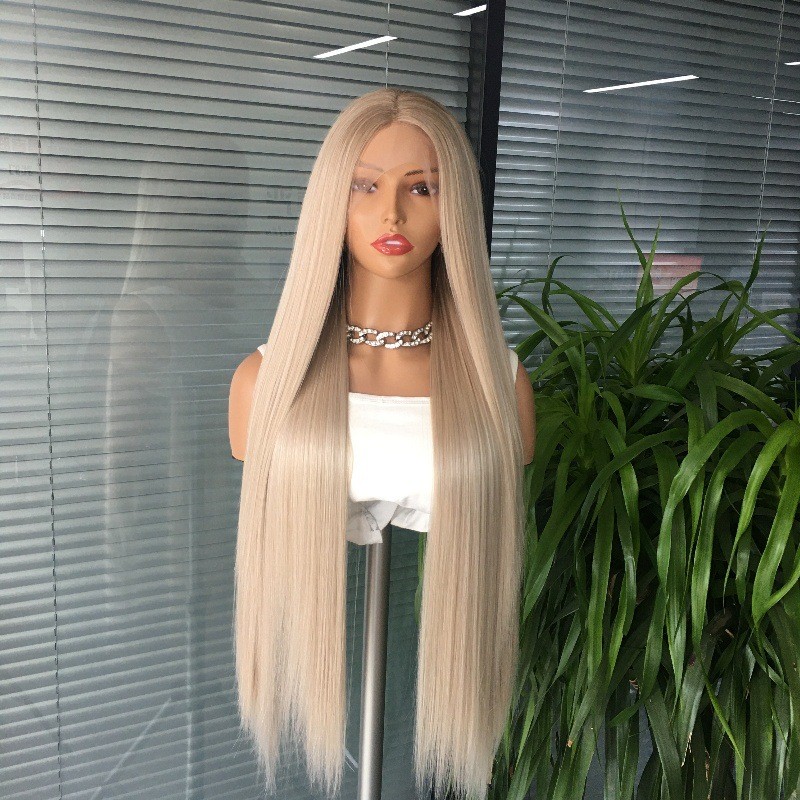 13×4 Lace Front Synthetic Middle Part Straight Hair Platinum Ombre for daliy use
