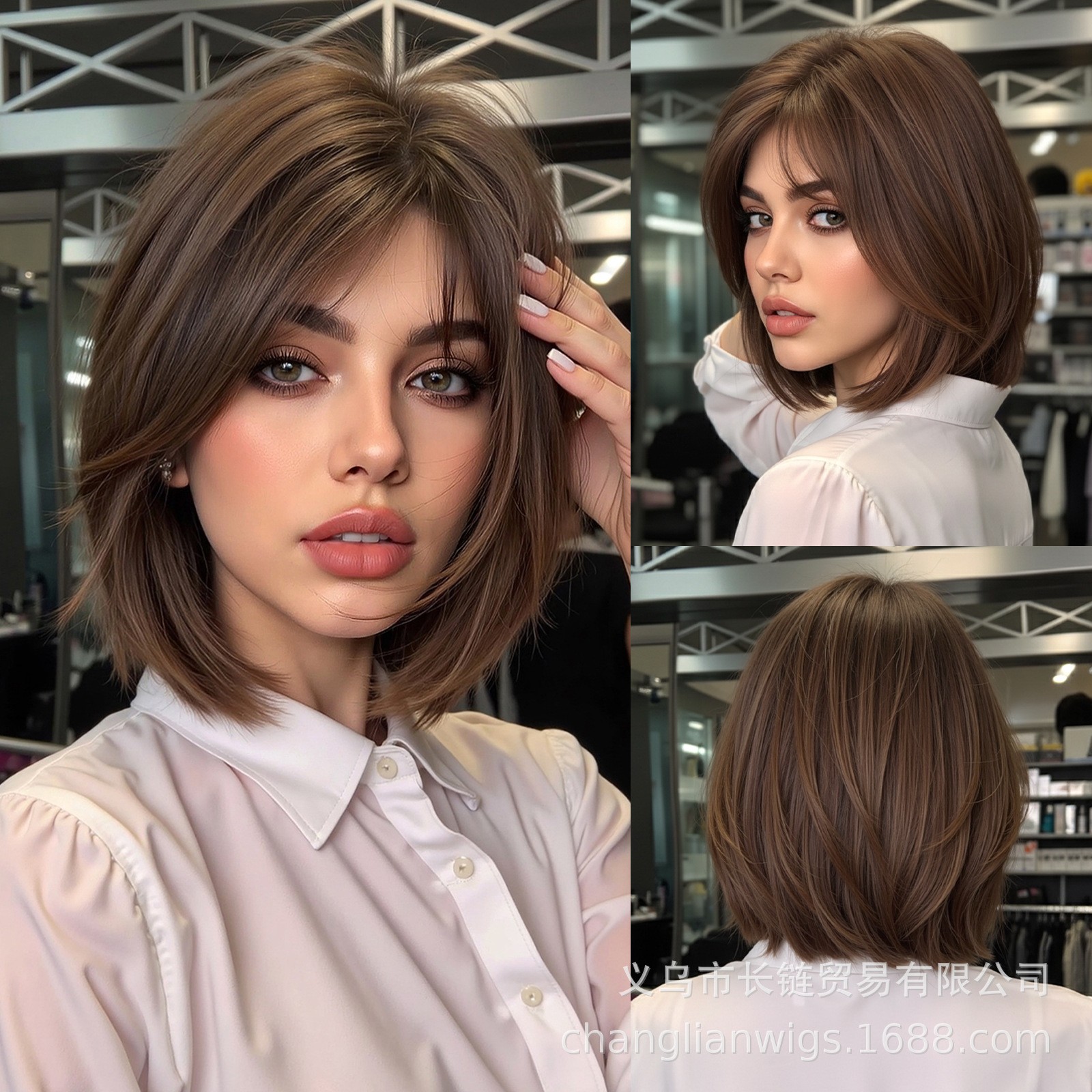 Brown 8 Shape Bangs Short Straight Wig Heat Resistant Synthetic Natural Daily