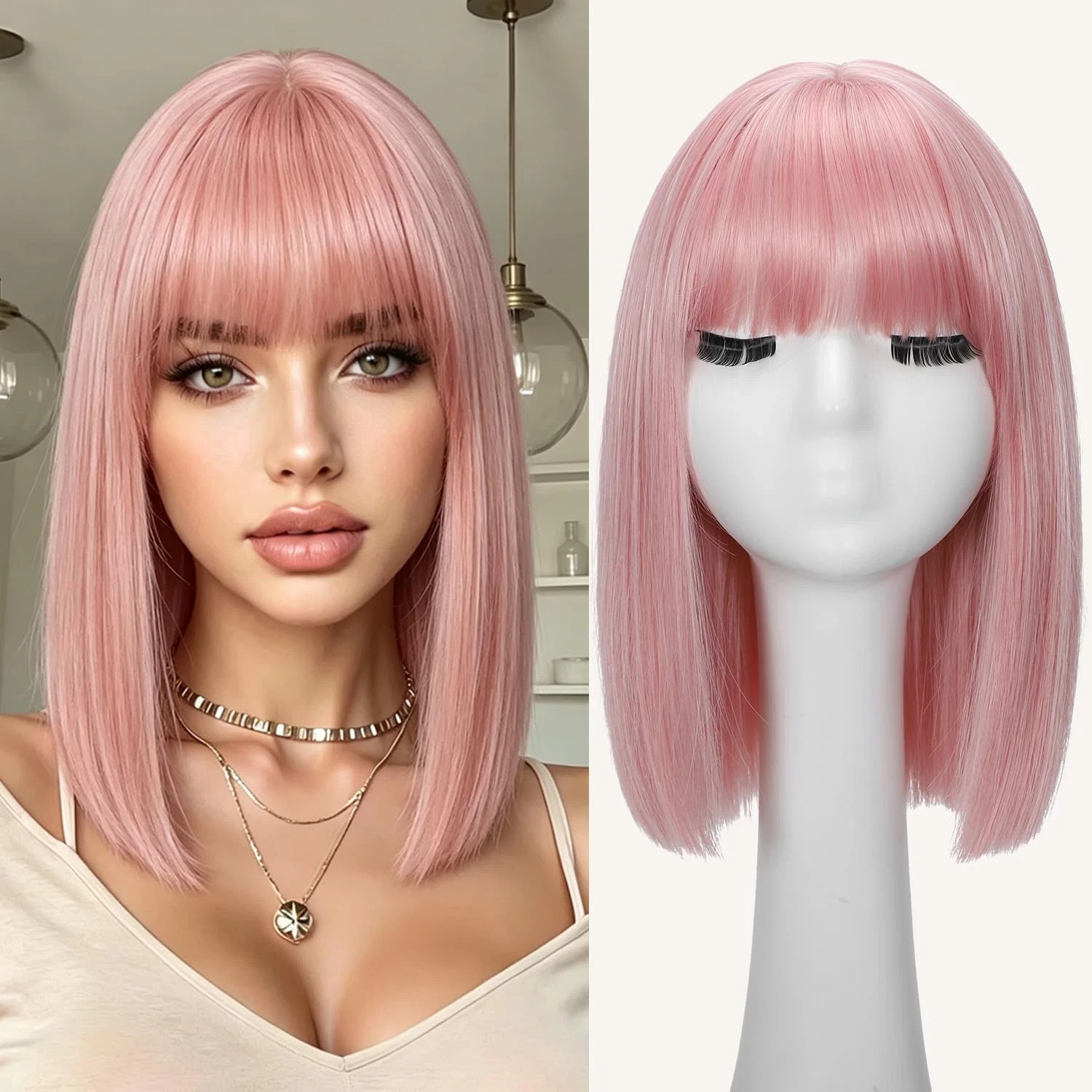 14″ Pink Short Bob Wig with Bangs – Synthetic Cosplay Hair for Women