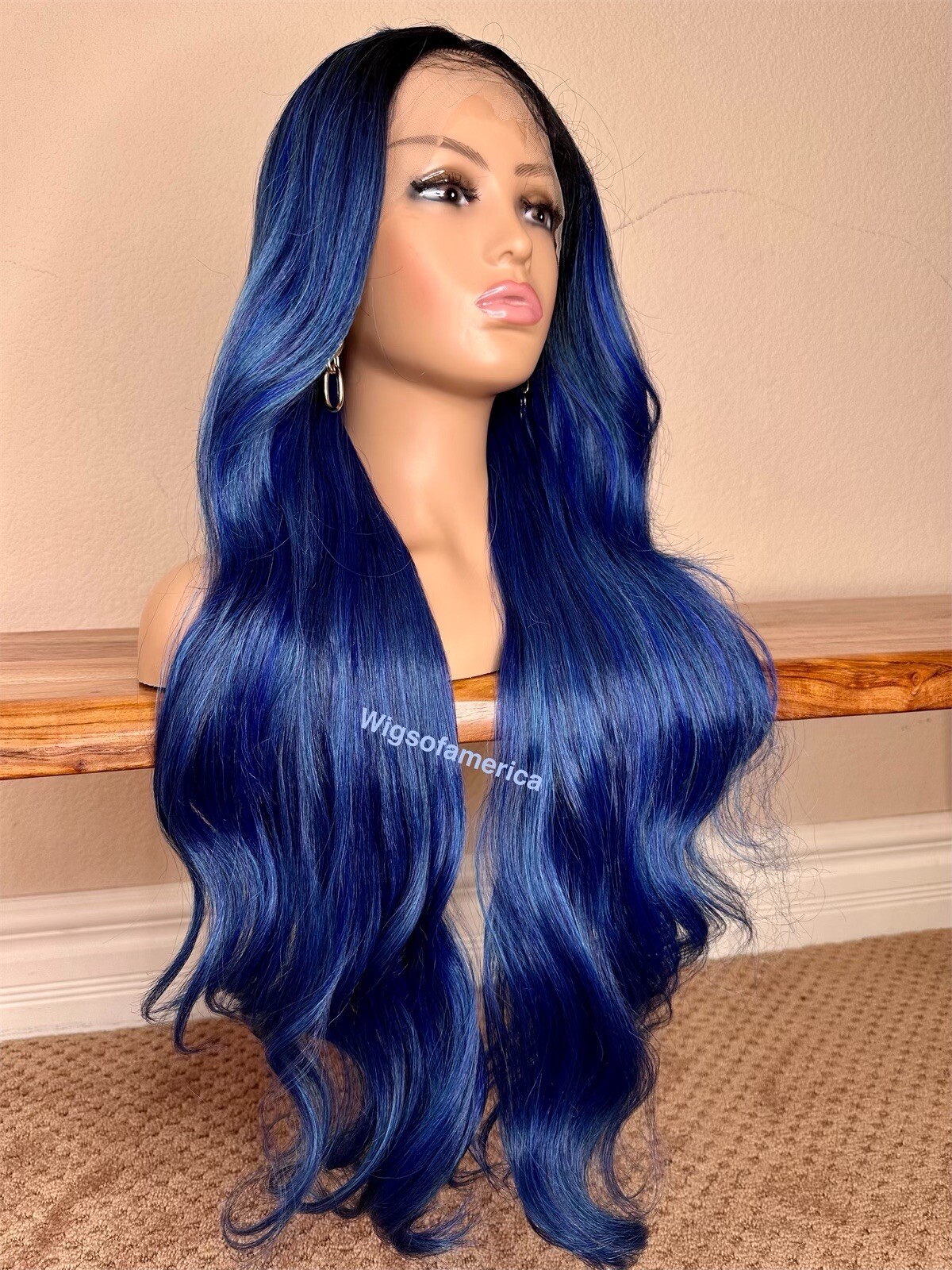 Lace Front Wig Blue Ombré Black Wavy Layered 26 Inch Long Heat Ok