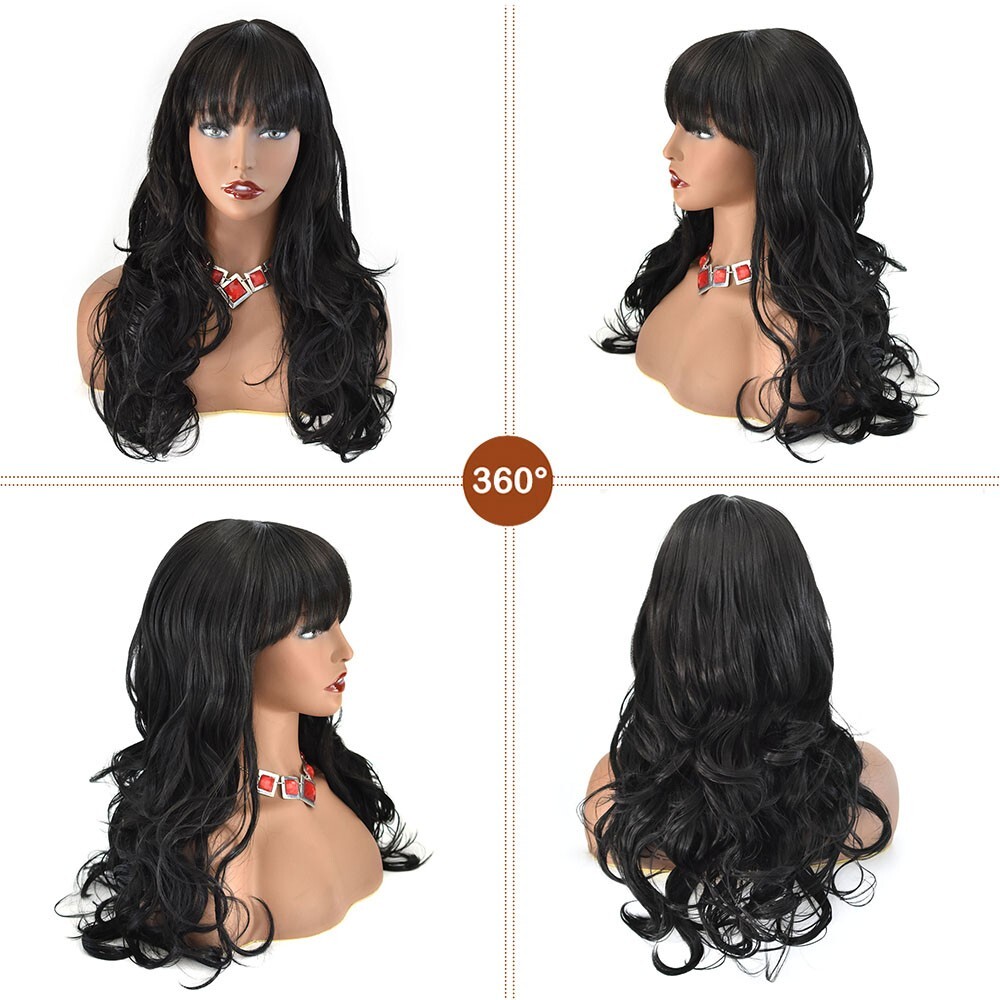 Women Synthetic Machine Made Glueless Wigs With Bangs Black Brown Long Wavy Hair