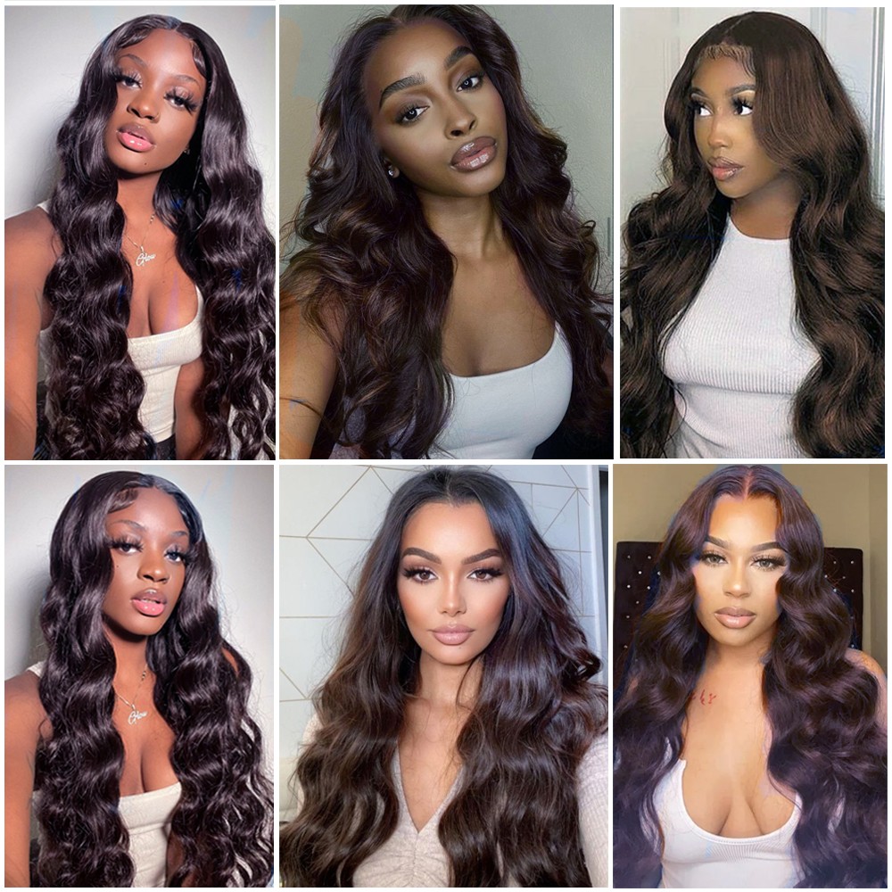Frontal Lace Wig Long Wavy Heat Resistant Hair Natural Pre Plucked Dark brown