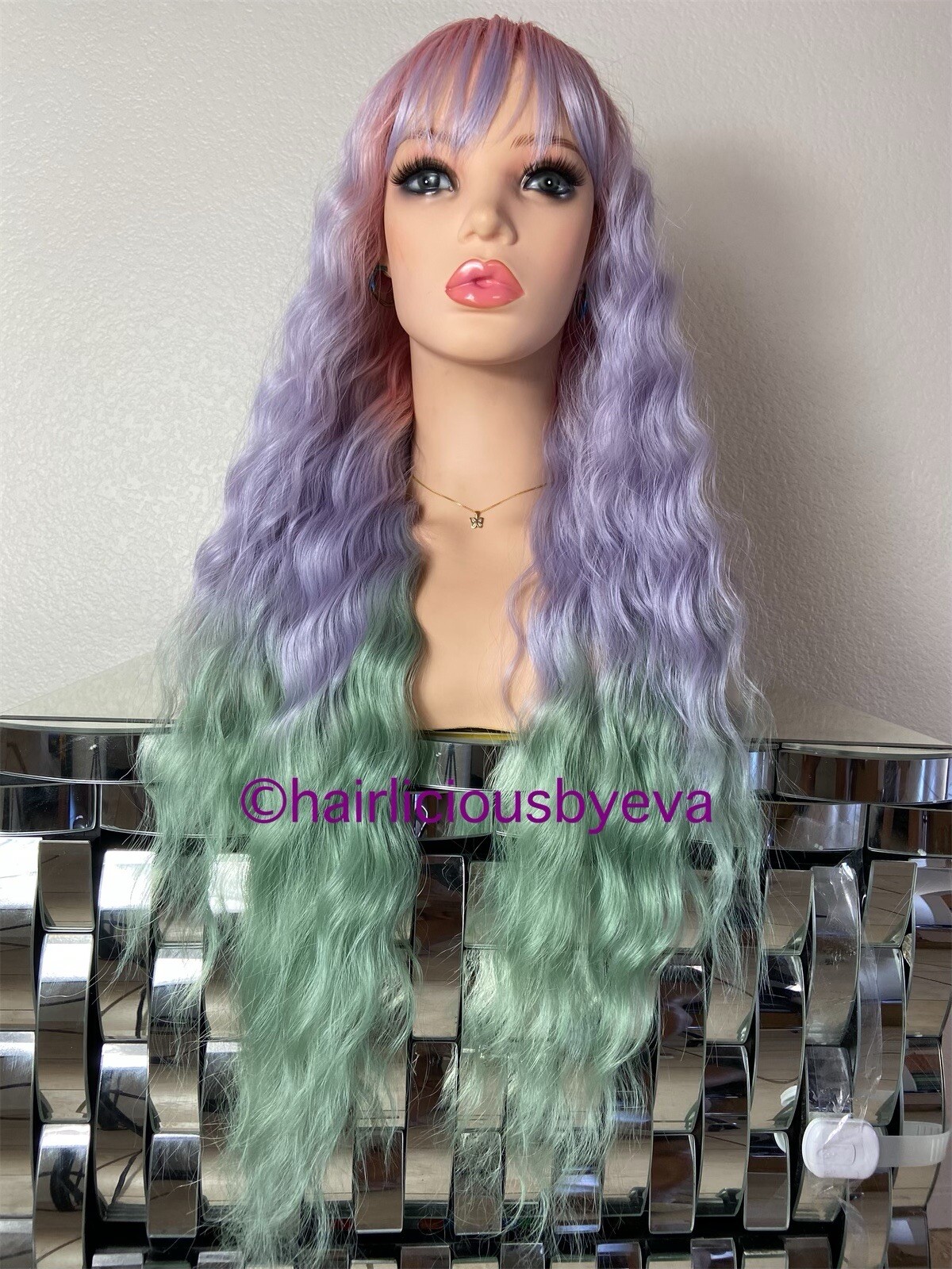 Pastel Rainbow wig ombré wavy with bangs 26 inch long heat ok
