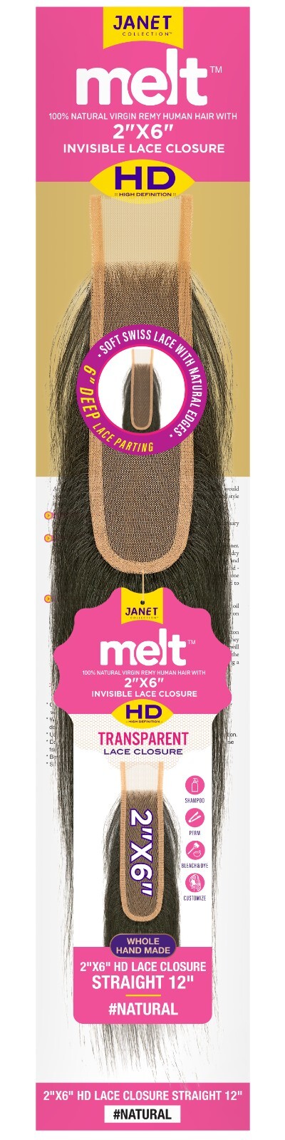 Janet Collection 100% Remi Human Hair Melt 2×6 HD Lace closure STRAIGHT 10/12″