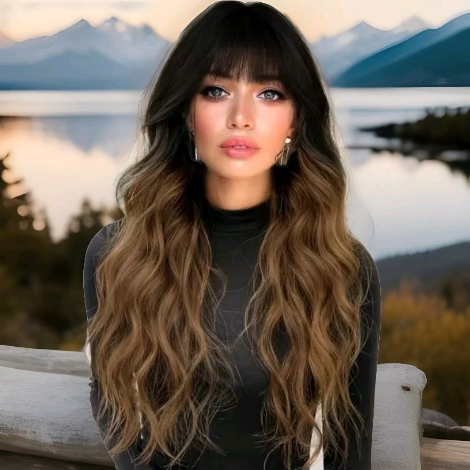 AISI HAIR Wig with Bangs Black To Brown Long Wavy Wig
