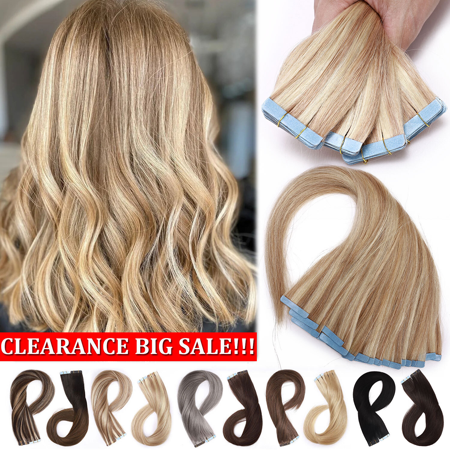 USA CLEARANCE Tape In Remy Human Hair Extensions Thick 150G+ Full Head Skin Weft