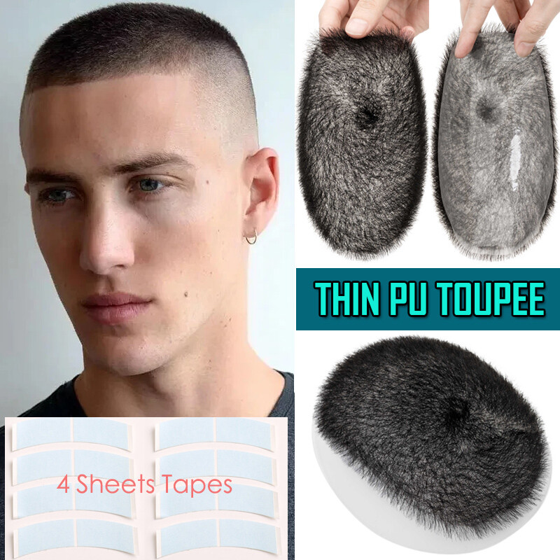 Mens Toupee Hairpiece 100% Real Human Hair System Thin PU Skin Short Buzz Cut US