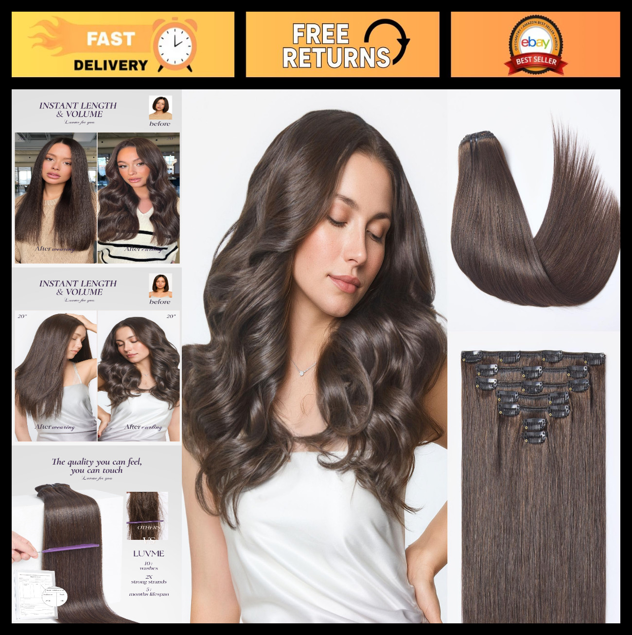 Handmade Clip-In Hair Extensions 18″ 120g 7pcs Rich Mocha Brown Straight Double