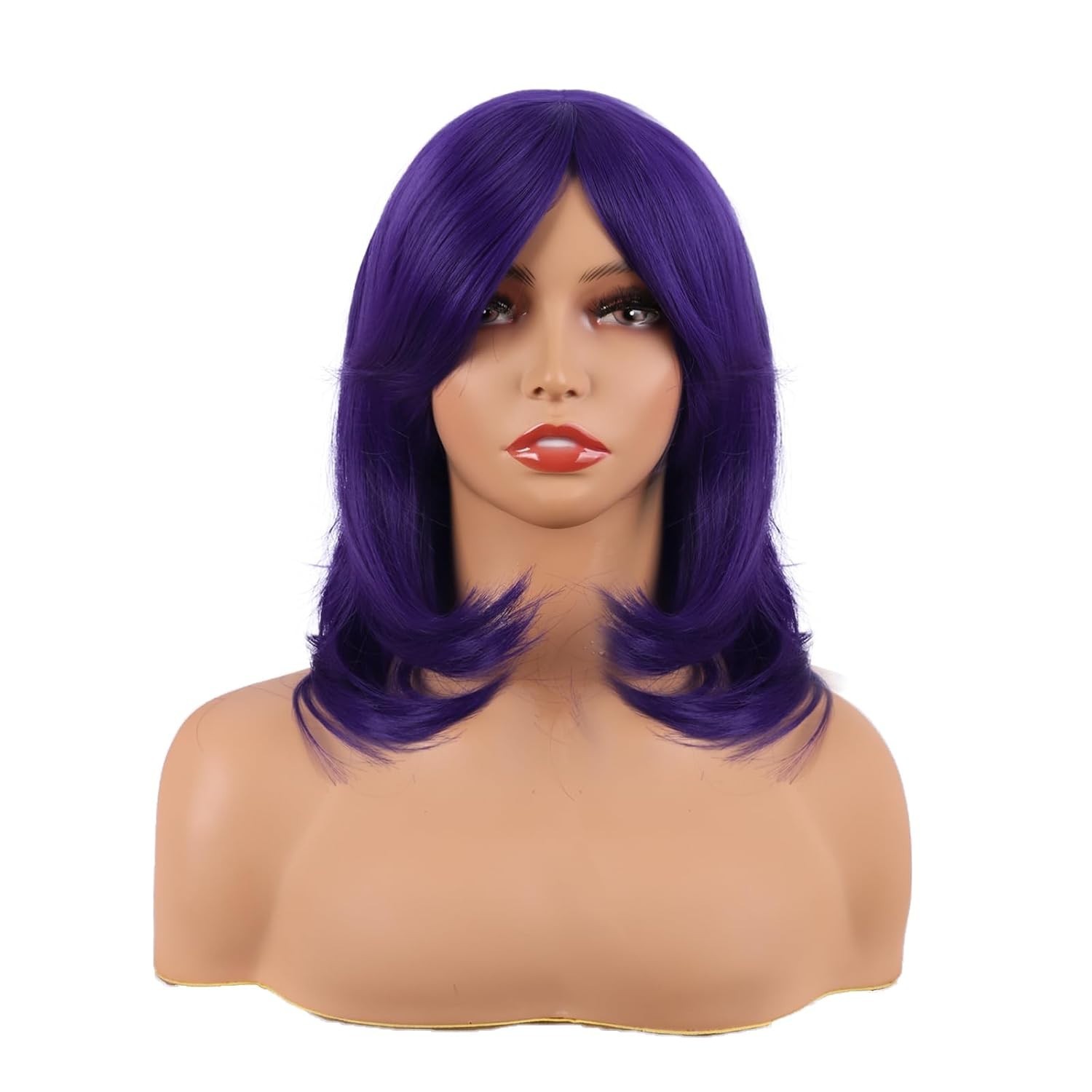 18-Inch Layered Bangs Dark Purple Synthetic Fiber Wig: Heat Resistant Elegance