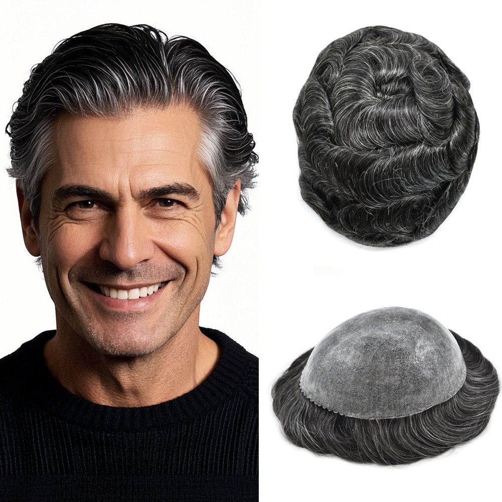 Full Poly Skin Mens Toupee Injected PU Human Hair System Replacement Wig for Men