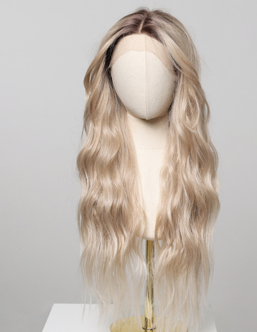 Long Wavy Rooted Blonde Mix 13X6 Inches Lace Front Human Hair Blend Heat Ok Wigs