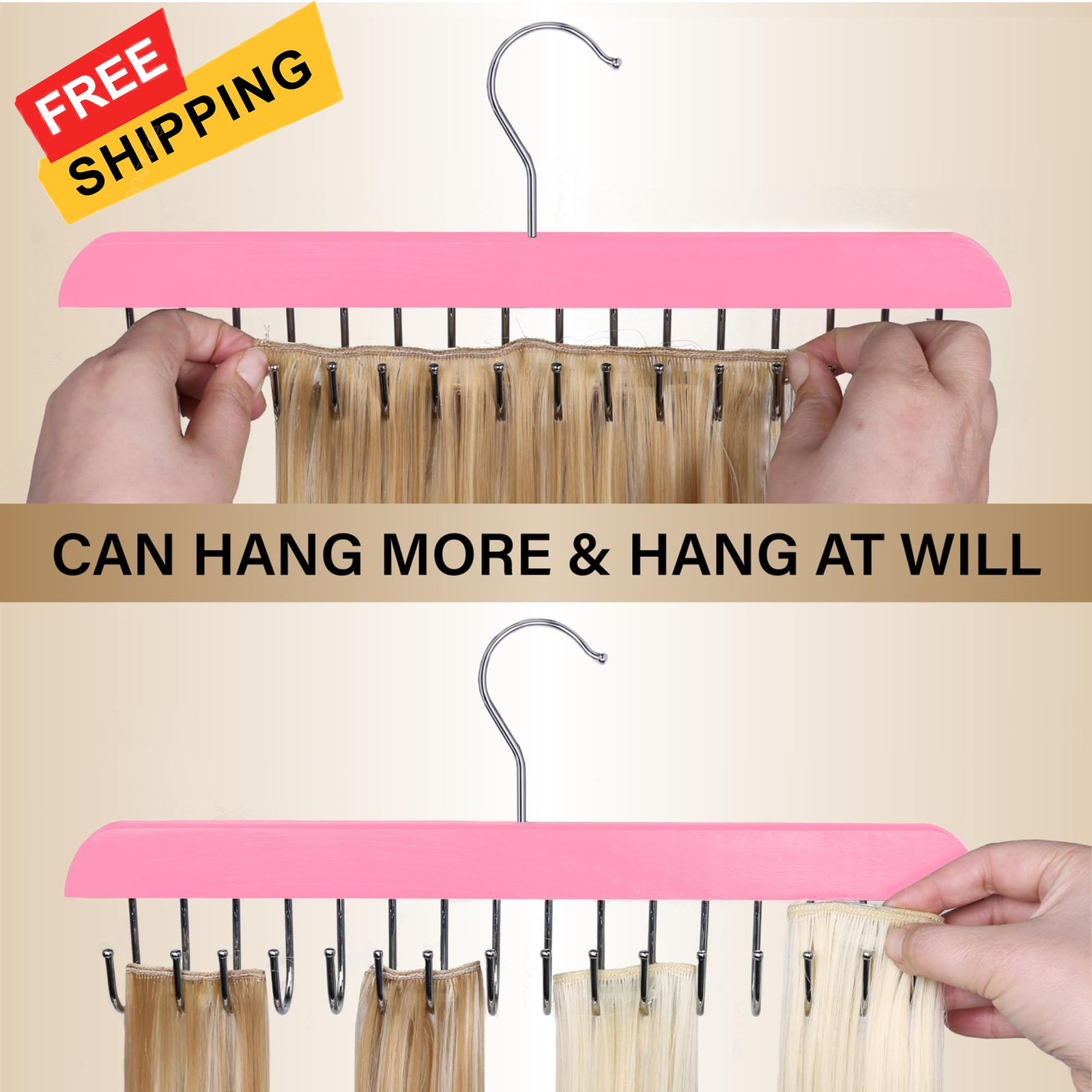 Hair Extension Holder & Hanger for Clip Ins – Weft Organizer 16 Inch, Pink
