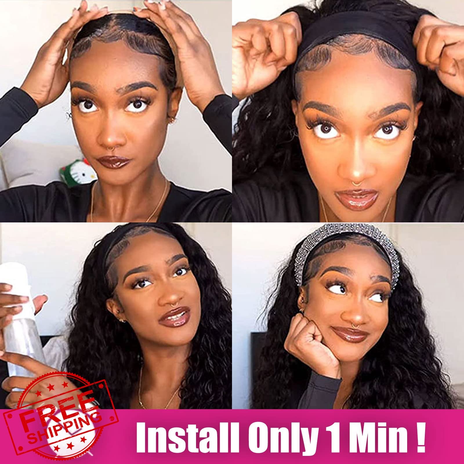 AISI QUEENS Curly Headband Wig Human Hair Glueless