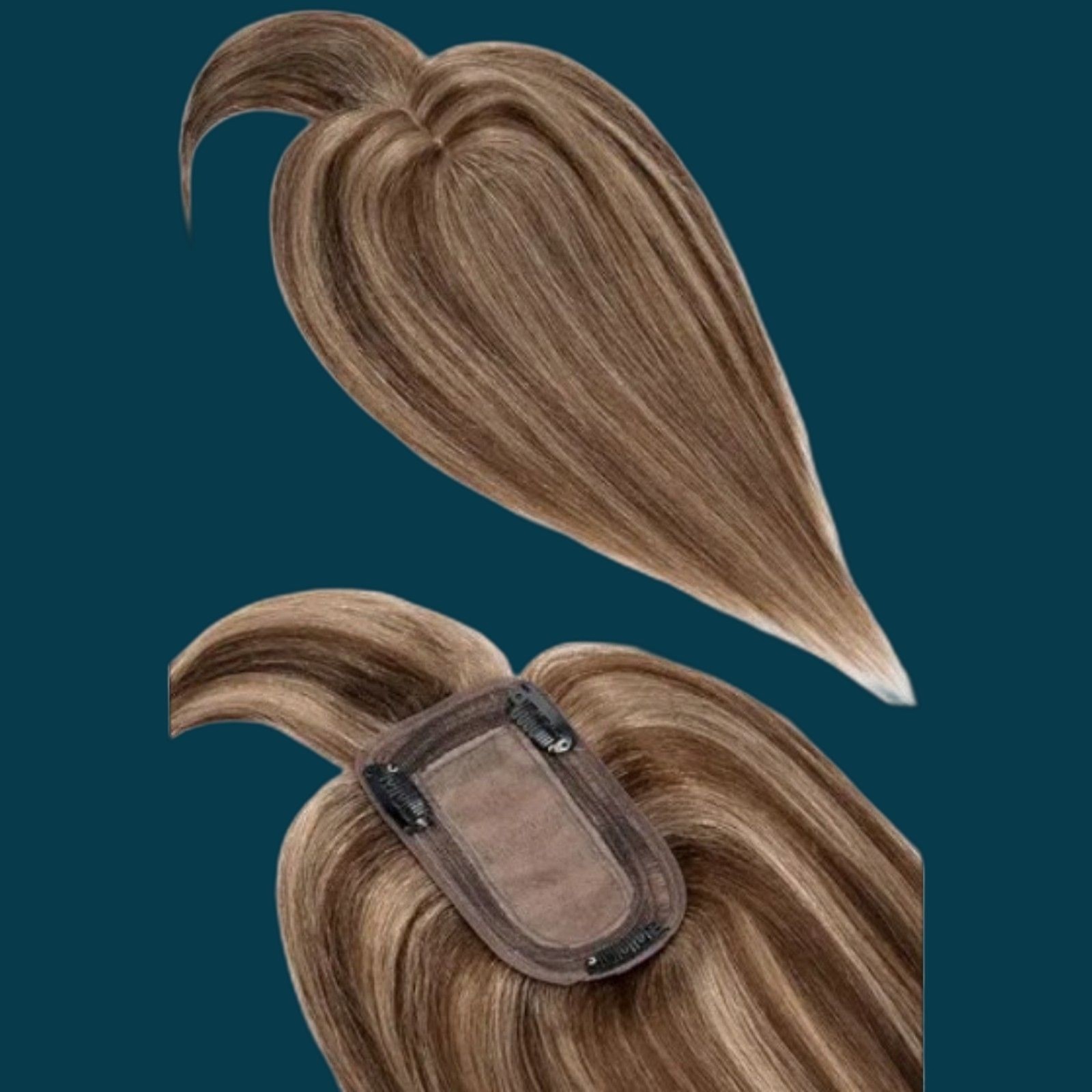 Rich Choices Human Hair Topper W/ Bangs Clip In 6″ Med Brown Highlight Blonde