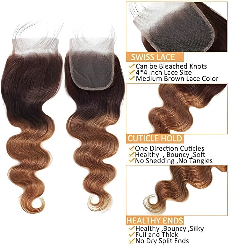 3 Bundles (12″ 14″ 16″) Ombre Body Wave Human Hair & 1 Piece of 12 Inch Closure