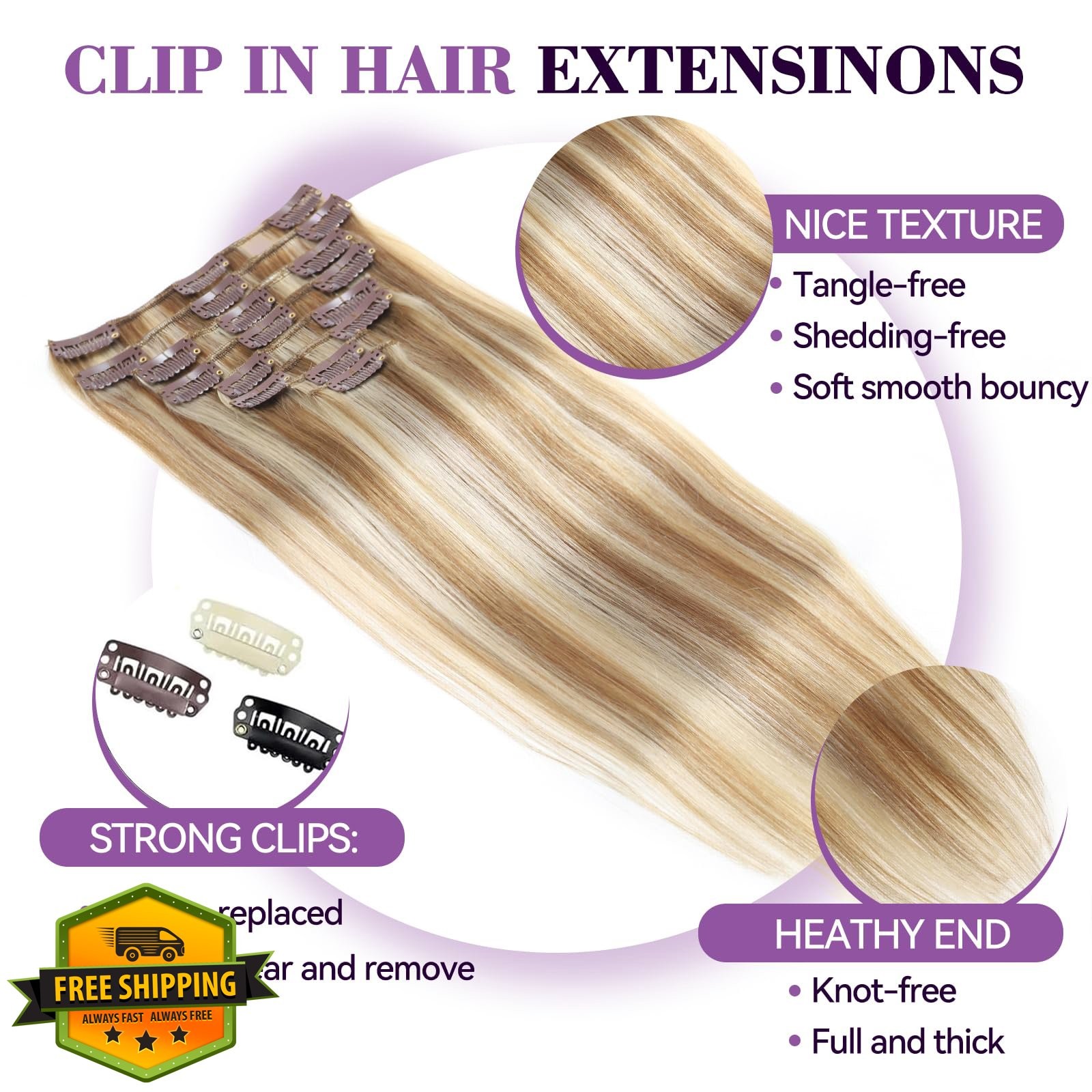 Human Hair Clip In Extensions 16″ 90g Straight Light Blonde