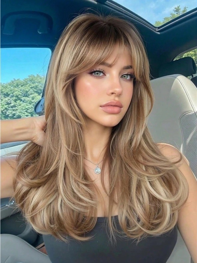 24″ Long Wavy Wig with Bangs Dark Roots Brown Ombre Blonde Heat Resistant Synthe