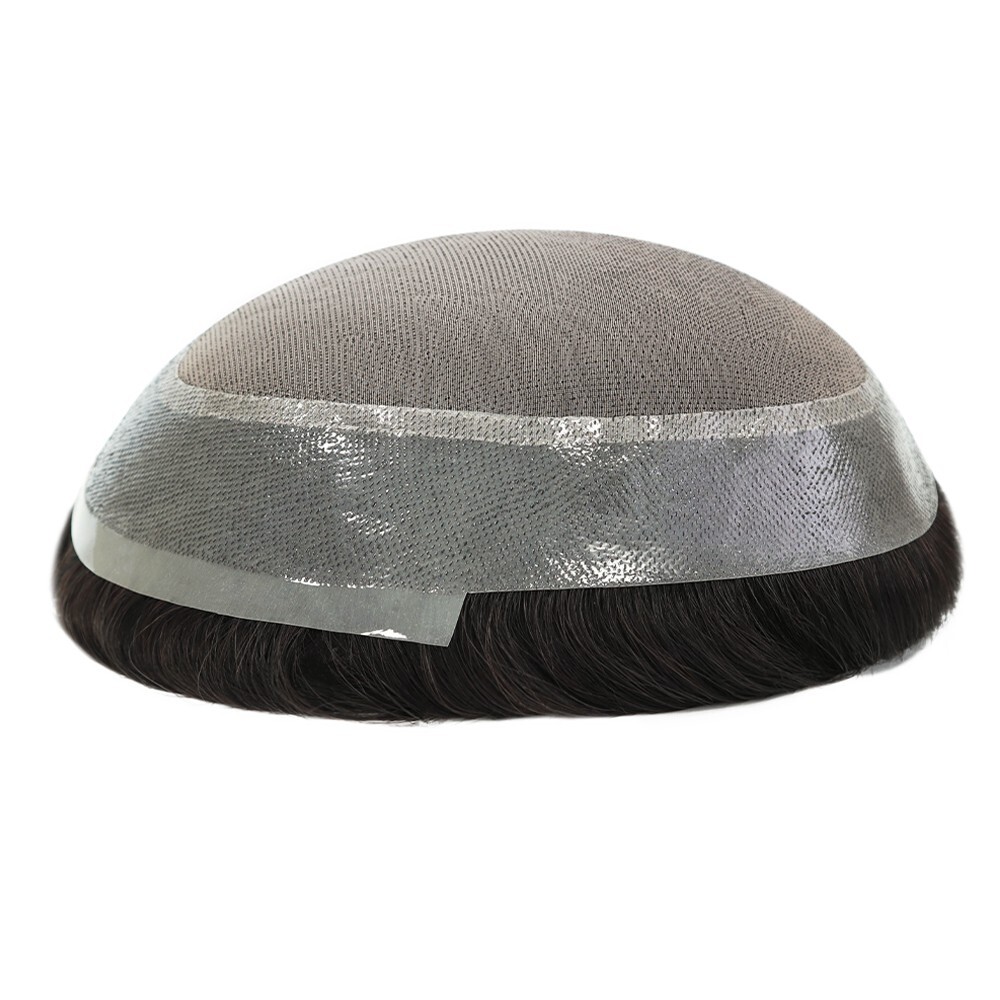 Mens Toupee Human Hair Replacement System Hairpiece Fine Mono Poly Skin #1B