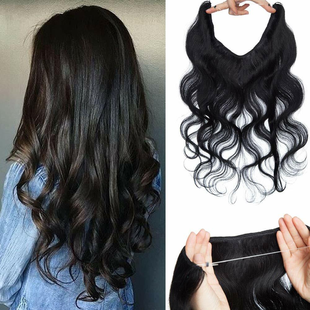 16″-26″ Invisible Wire In Human Hair Extensions Loop Line Wavy Hair Easy To Wear