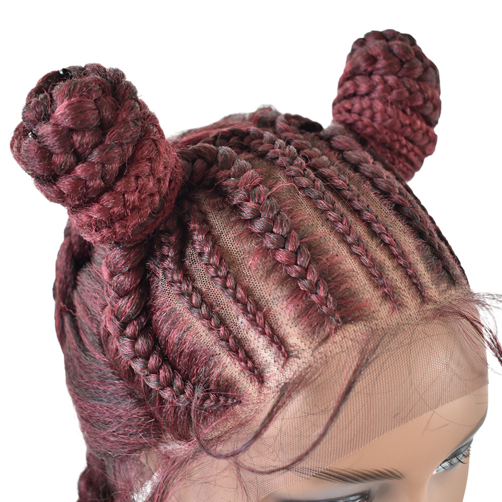 Swiss Lace Front Cornrow Box Braided Women Wigs Baby Hair 2 Updo Buns Ponytails