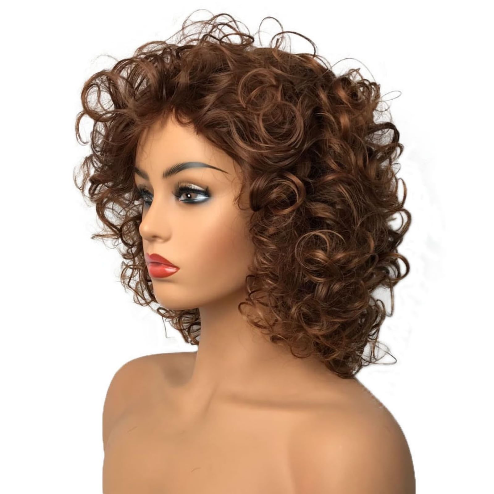 Curly Wigs Natural Synthetic Dark Auburn with Highlight Medium Auburn Hair (3…