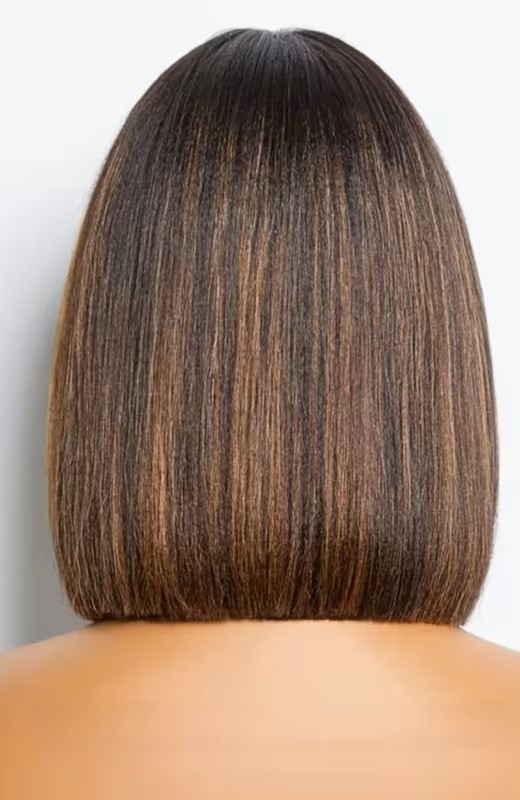 Synthetic Short Straight Hair Wig – Black Brown Blonde Highlights 12″
