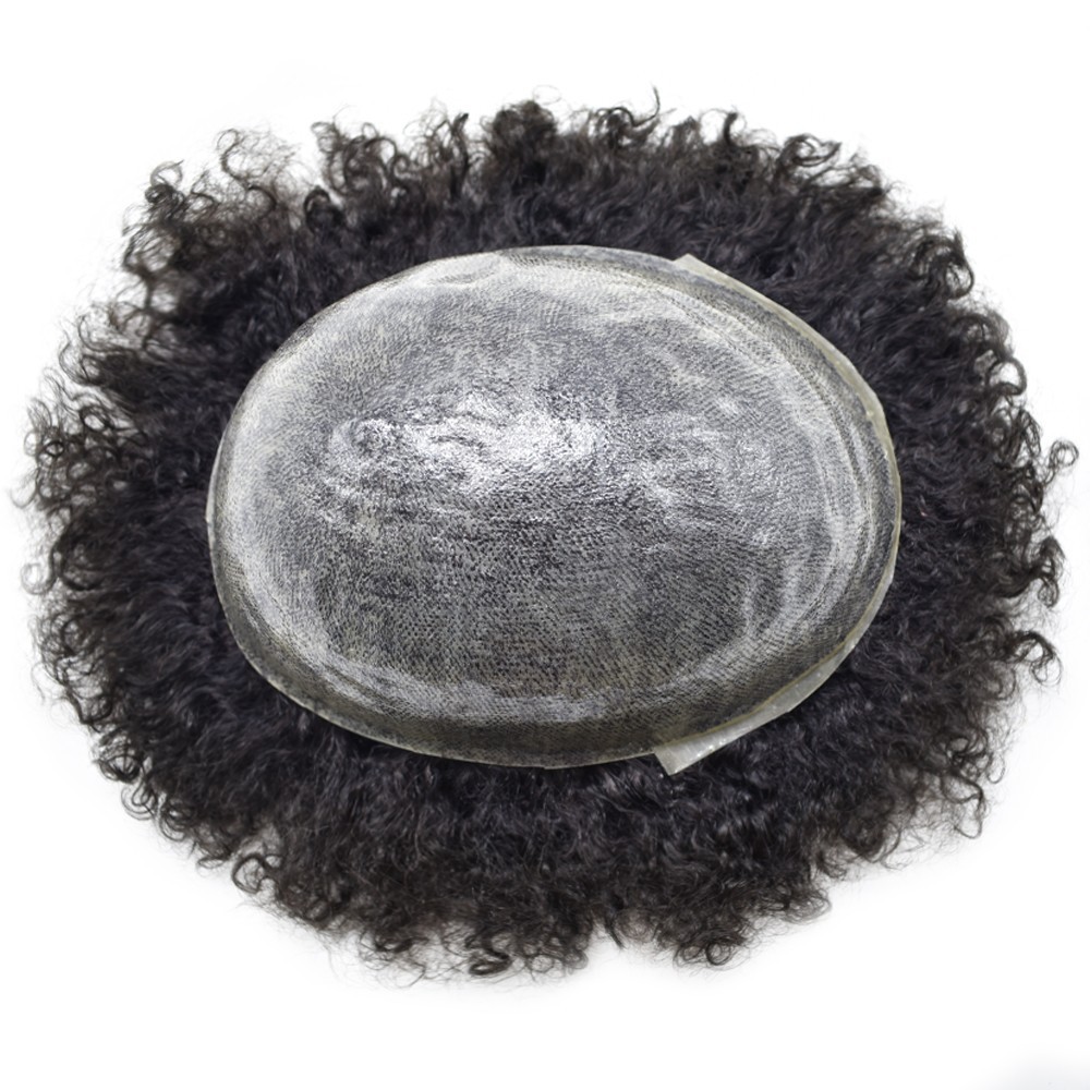 Full PU Afro Toupee for Black Men Kinky Curly Hair Units for Man Human Hairpiece