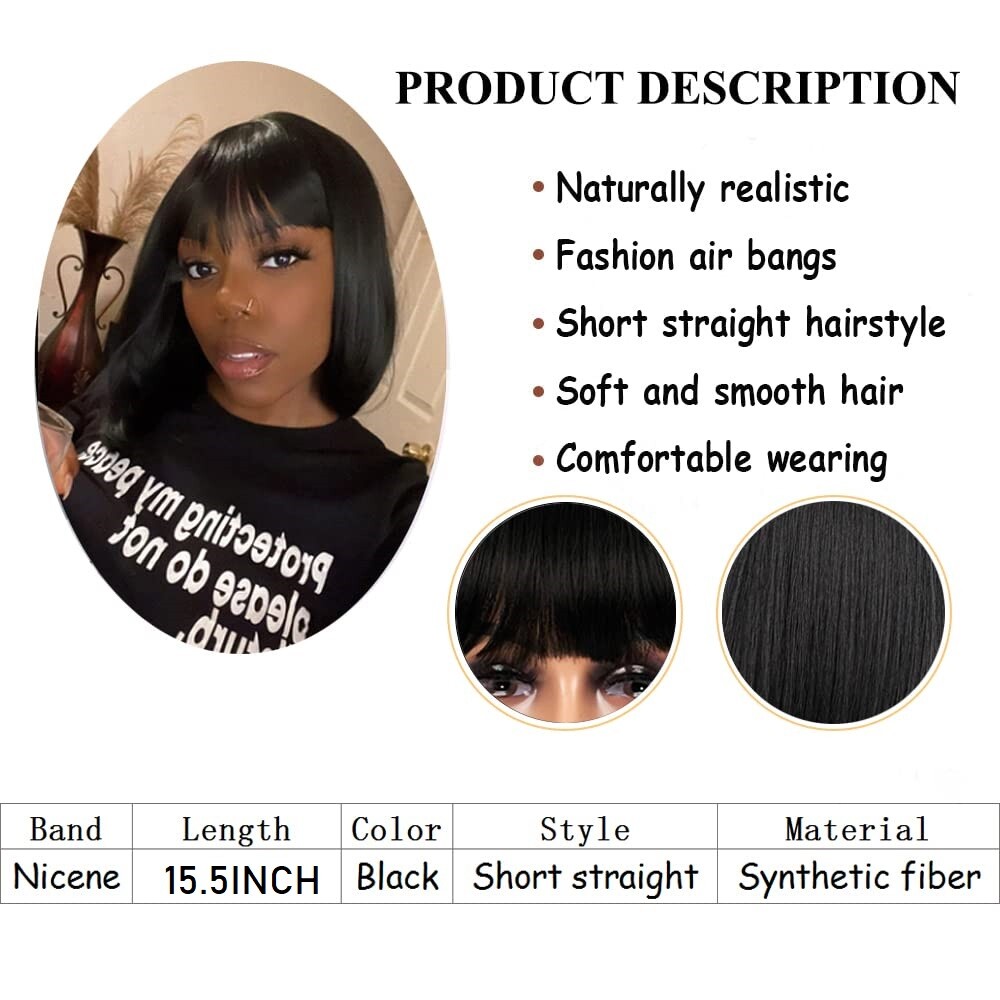 15″ Straight Black Bob Wig with Bangs Heat Resistant Synthetic Daily Party Use