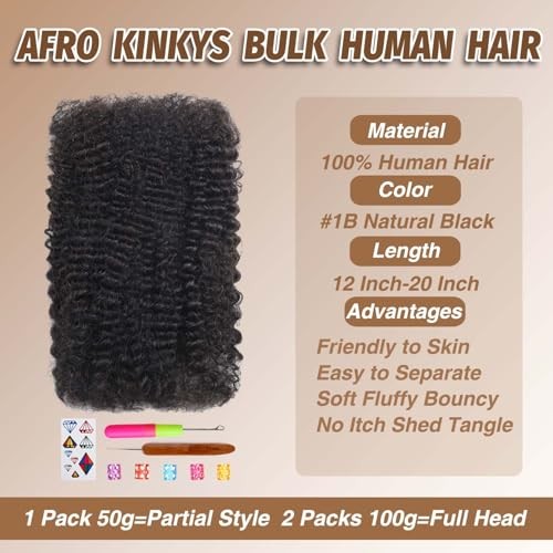 12 Inch 50g Afro Kinkys Bulk Human Hair for 12 Inch 50 Gram 1B Natural Black