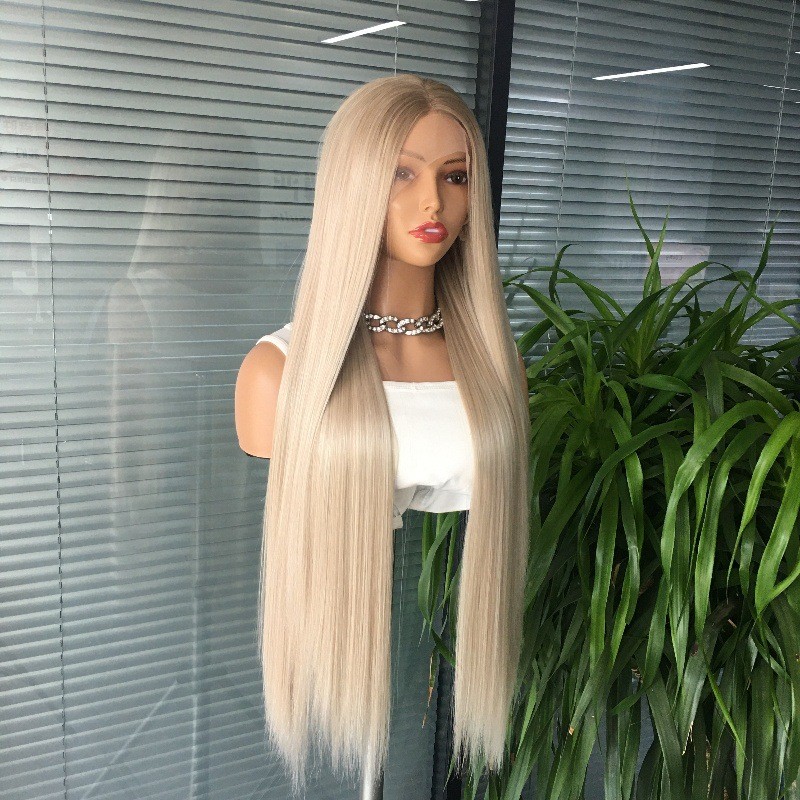 13×4 Lace Front Synthetic Middle Part Straight Hair Platinum Ombre for daliy use
