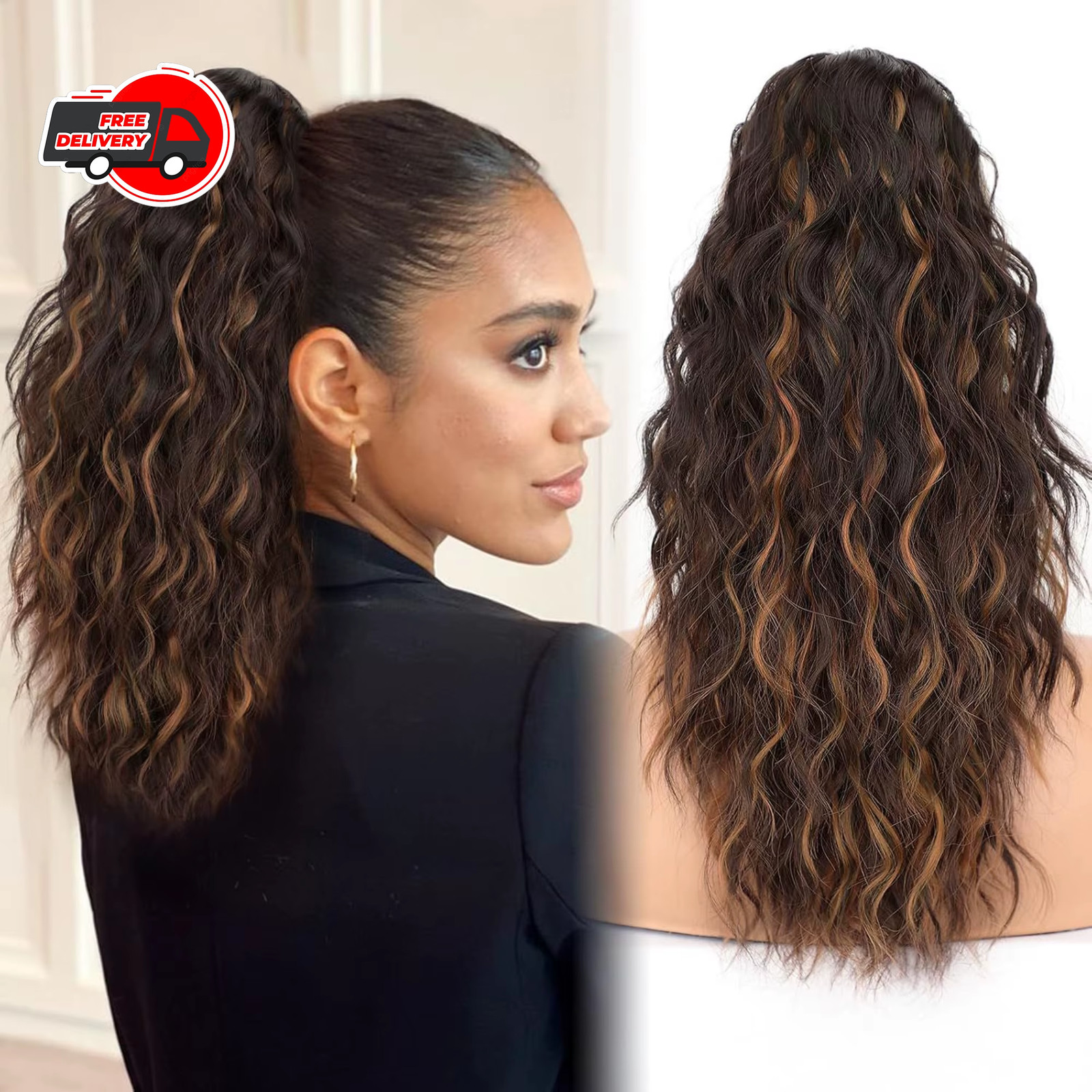 Black Brown Long Wavy Curly Synthetic Claw Clip In Ponytail Fake Hair Extension