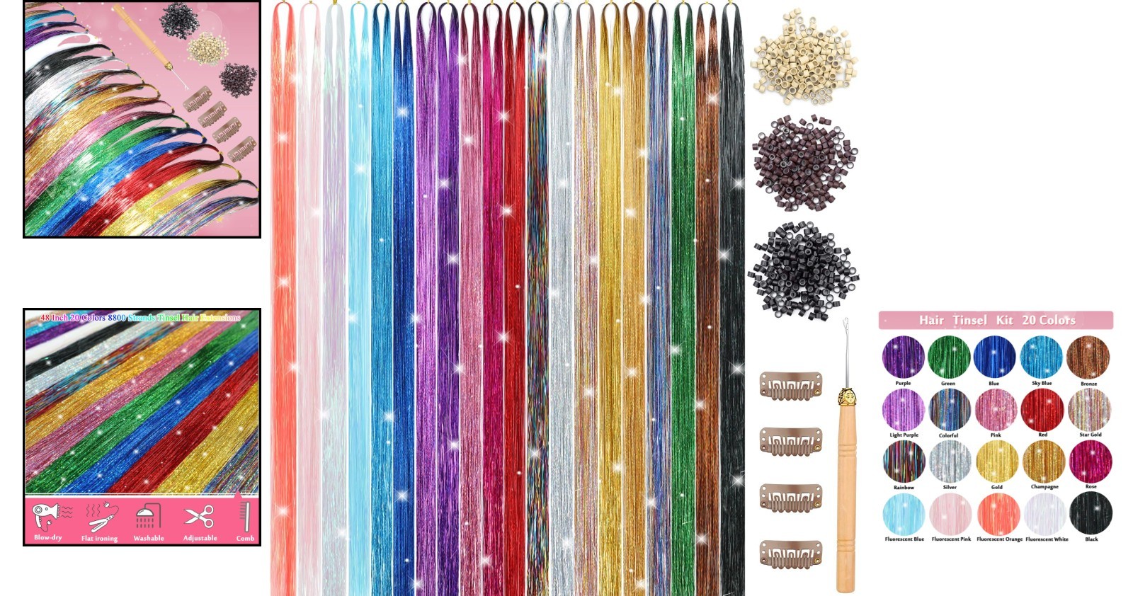 20 Colors Hair Tinsel Kit – 8800 Strands Heat Resistant 48 Inch Sparkle Set